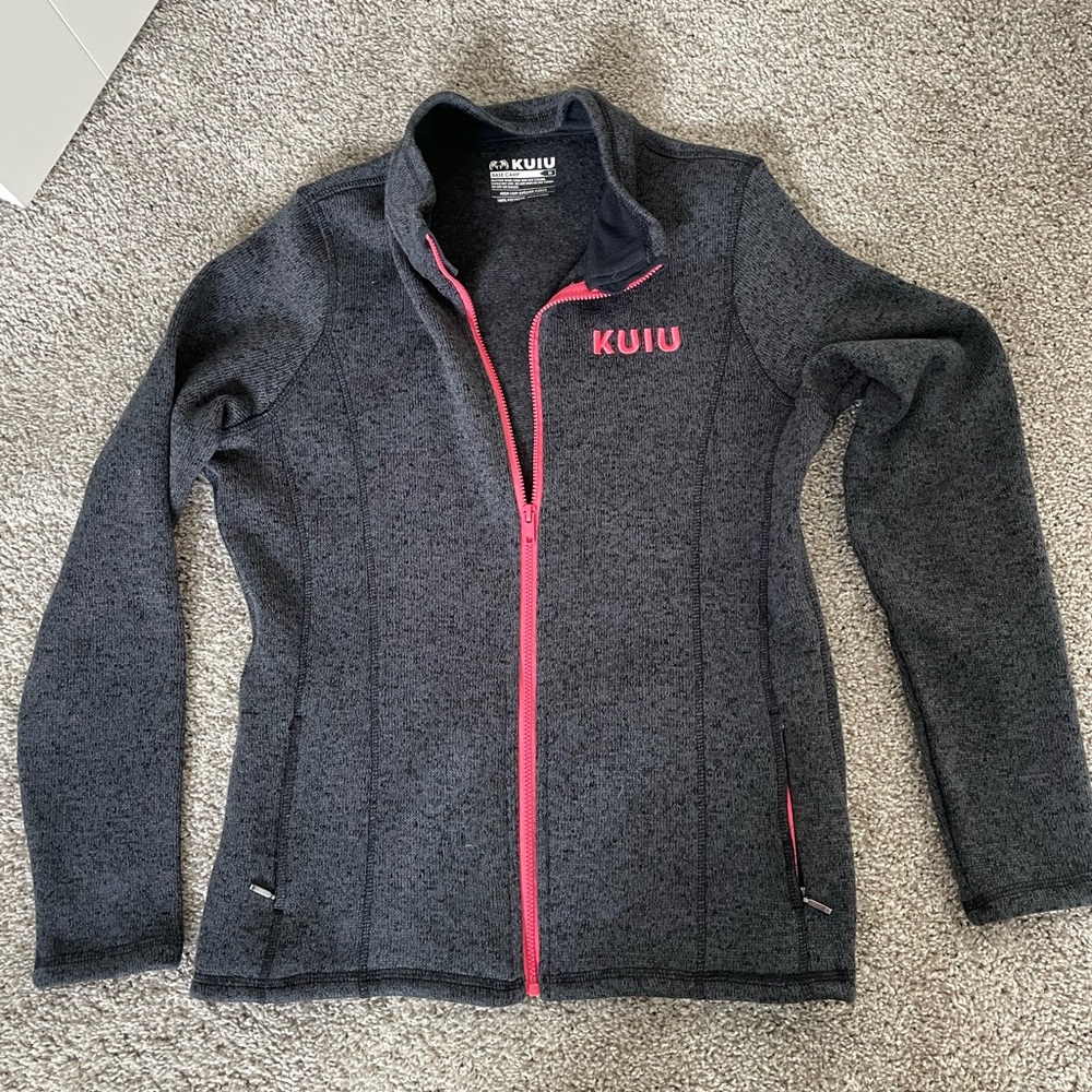 KUIU Women's Dark Gray Sweater Jacket with Pink- Base Camp Full Zip Sweater